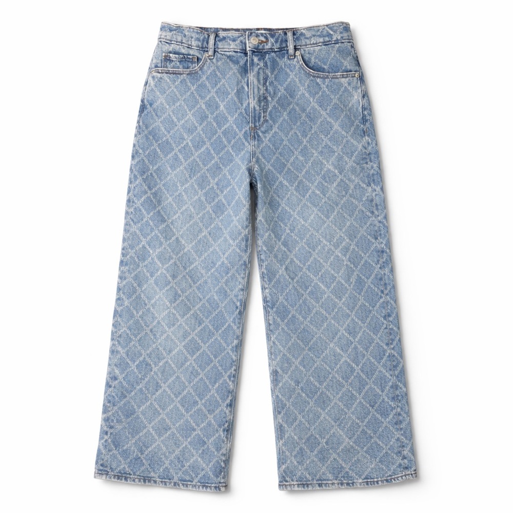 LOFT Wide Leg Crop Jeans 29 8 High Rise Light Wash Diamond Print Denim